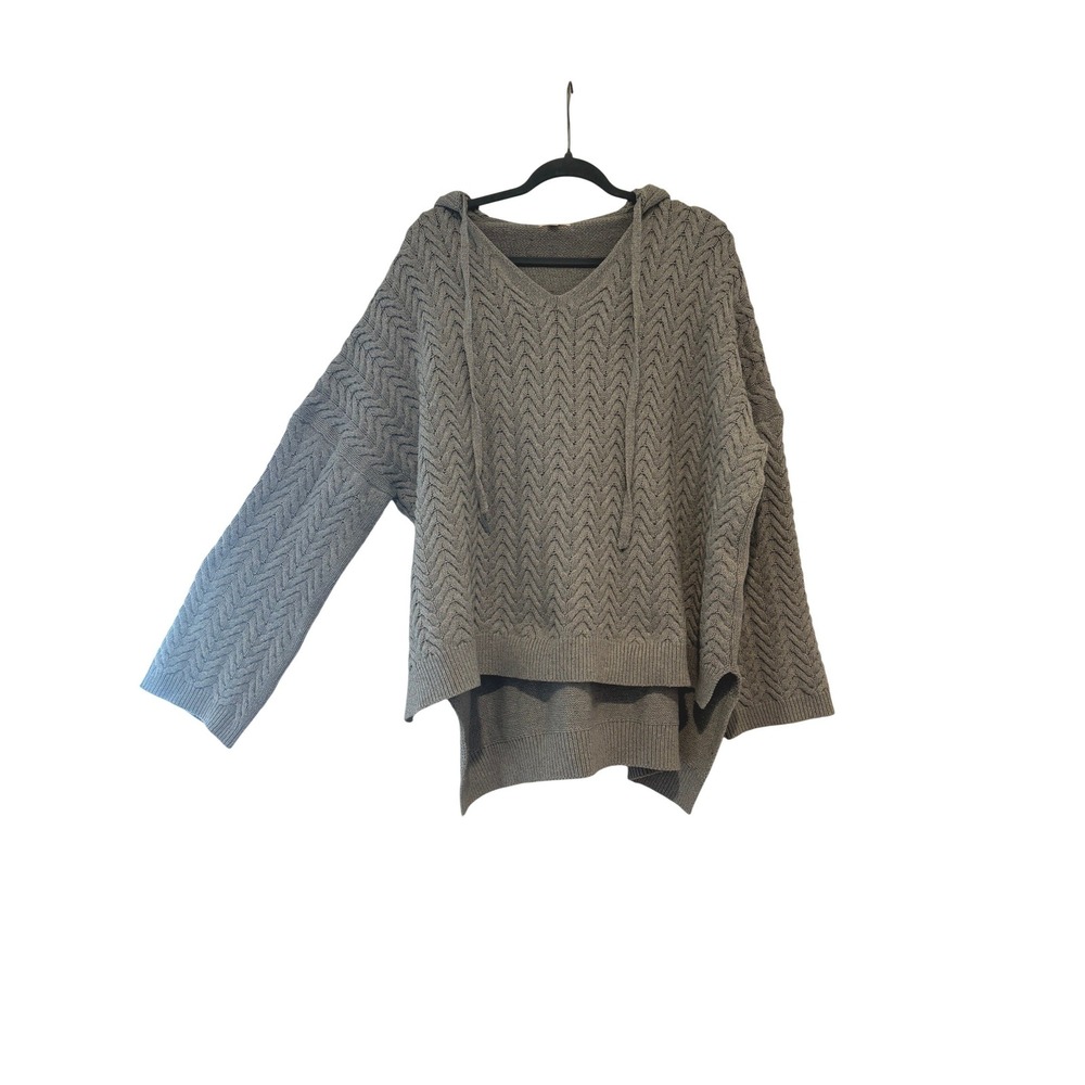 POL oversized L grey wool blend V neck slouchy cozy boho hooded sweater P